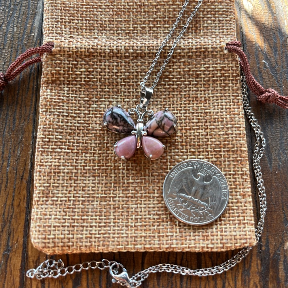 Rhodonite Butterfly Necklace Rhodonite Necklace Crystal Quartz Necklace - Picture 2 of 3